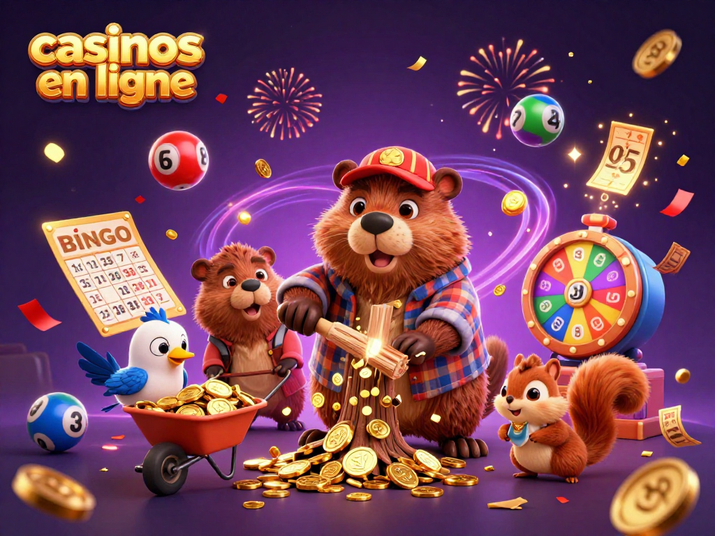 Gagnez aux casinos en ligne avec un castor bûcheron, pièces d'or, et éléments de loterie animés.