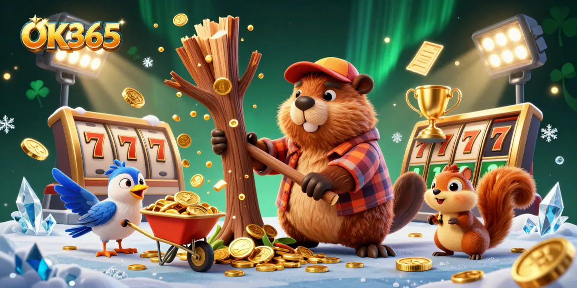 Engage in thrilling slots and jackpots at OK365 with a vibrant scene of characters and gold coins.