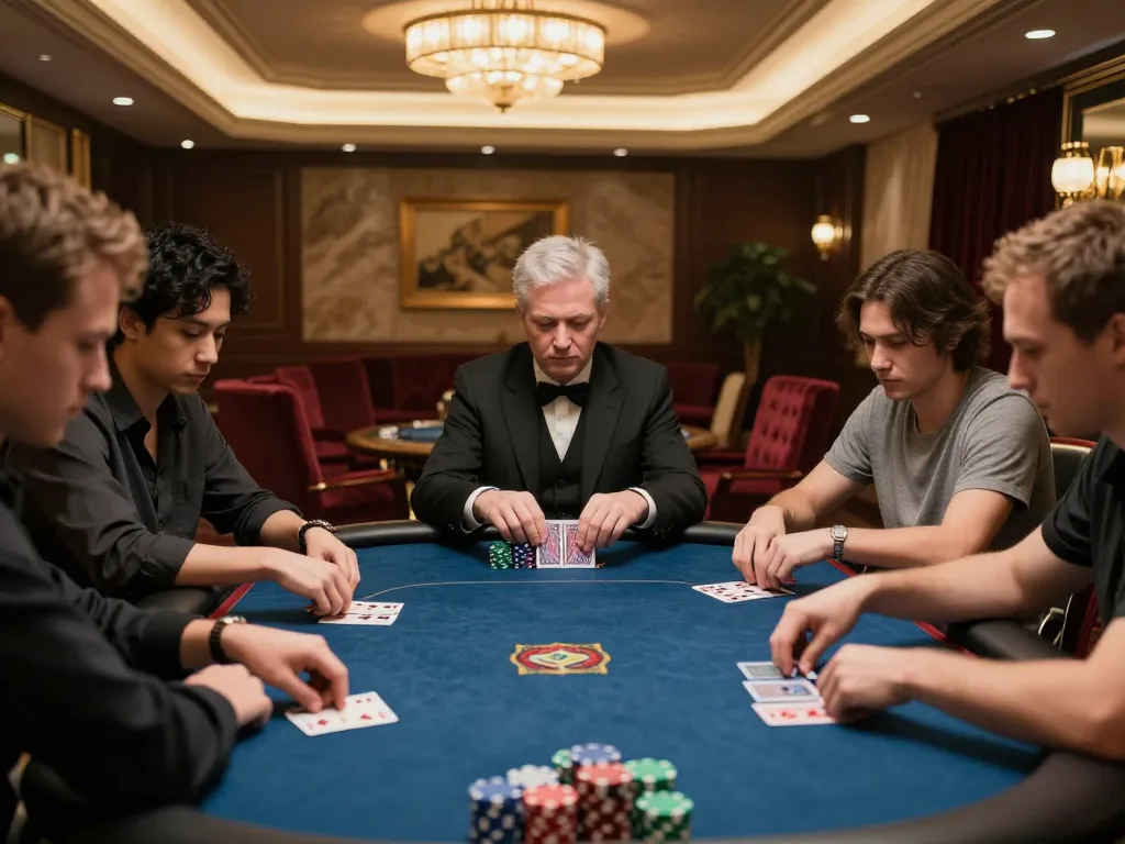Engaged players strategizing in an elite poker game at Jun88 com casino, showcasing high stakes and intense focus.