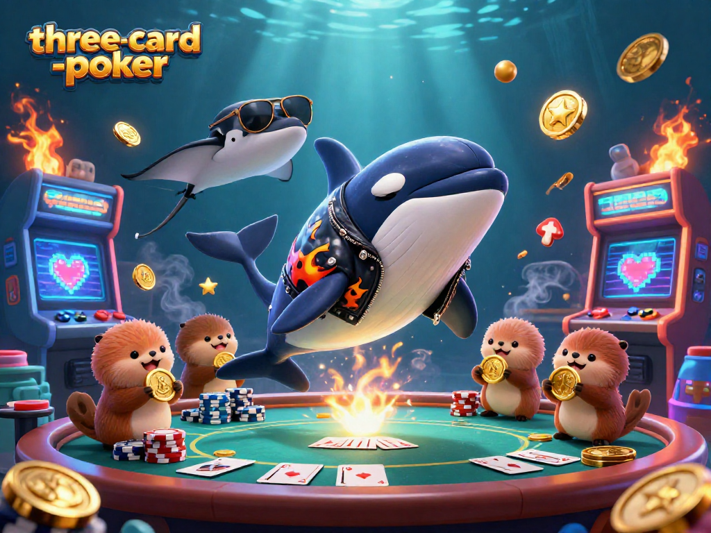Engage in three-card-poker with vibrant 3D characters surrounded by poker elements and gold coins.