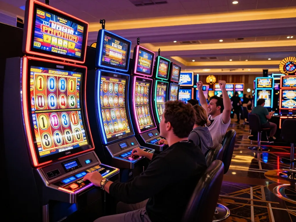 Players engaging with slot777 machines in a lively Las Vegas casino, celebrating potential wins with glowing displays.