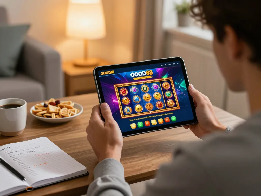 Engaged user playing on the GOOD88 casino app at home, showcasing strategic bankroll management.