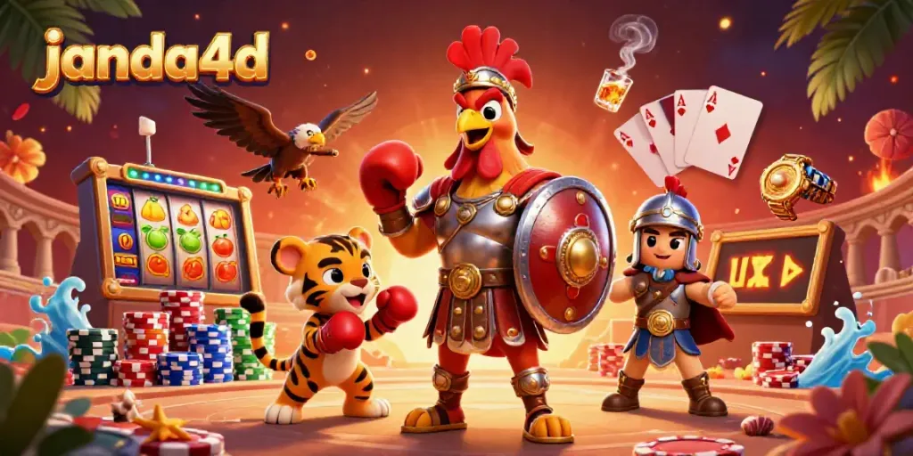 Slot online janda4d yang menarik dengan karakter kartun gladiator dan kolam taruhan penuh warna.
