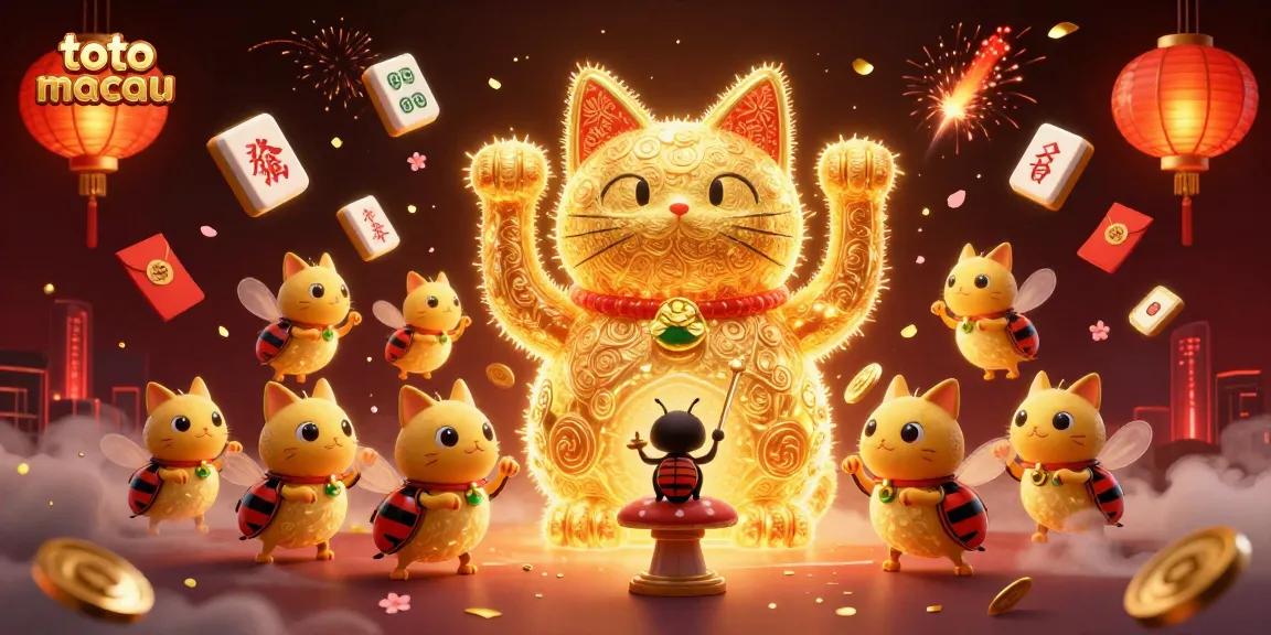 Engage in thrilling games with toto macau as golden fireflies form a lucky cat amidst casino symbols.