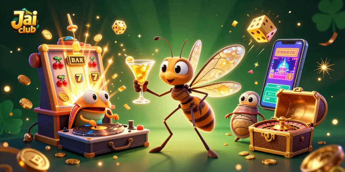 Join the fun at Jai club with a colorful casino scene featuring a lively mascot and exciting game action.