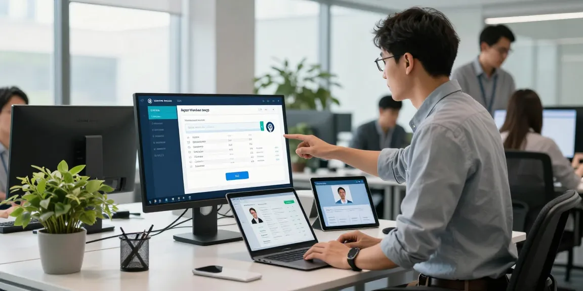 Efficient age verification system in a modern office with IT specialist analyzing biometric data.