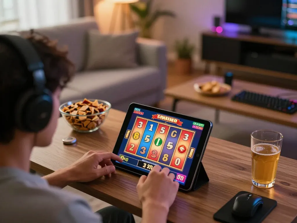 Enjoying online gaming on 98win com with vibrant slot reels and cozy setup