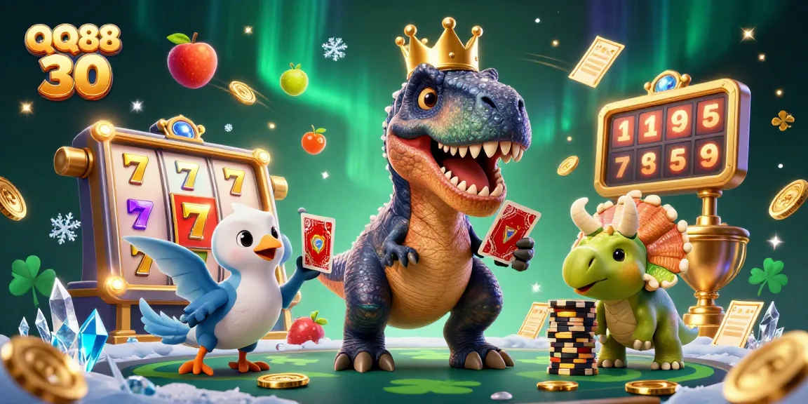 Experience the vibrant energy of QQ88 30 with a friendly T-Rex shuffling cards and vibrant casino elements