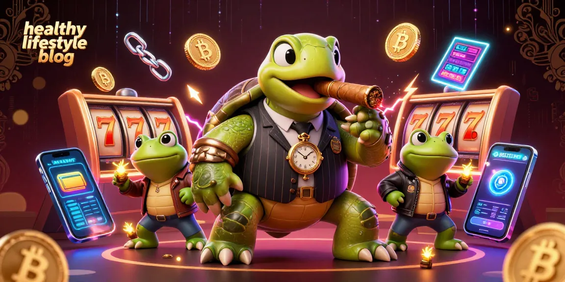 Engage with a dynamic healthy lifestyle blog scene showcasing a mobster turtle character and casino elements.