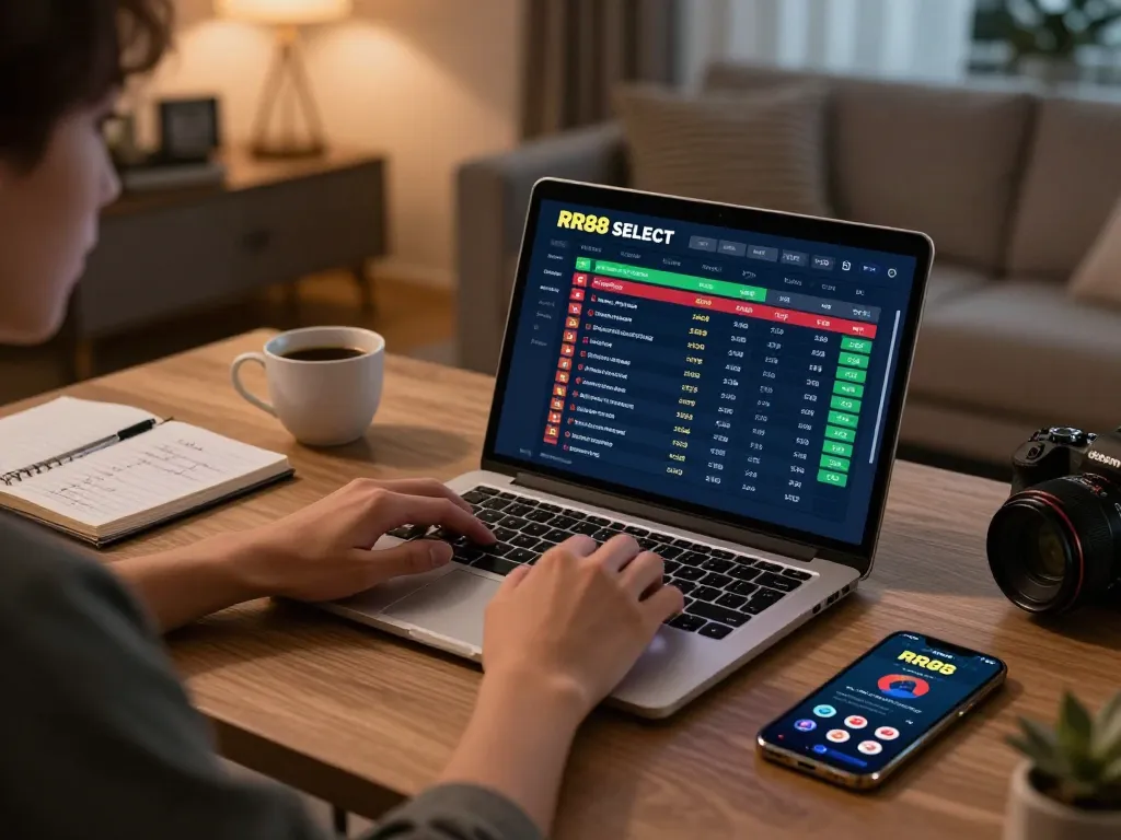 Engaging sports betting moment using RR88 SELECT on a laptop, showcasing live odds and strategy notes.