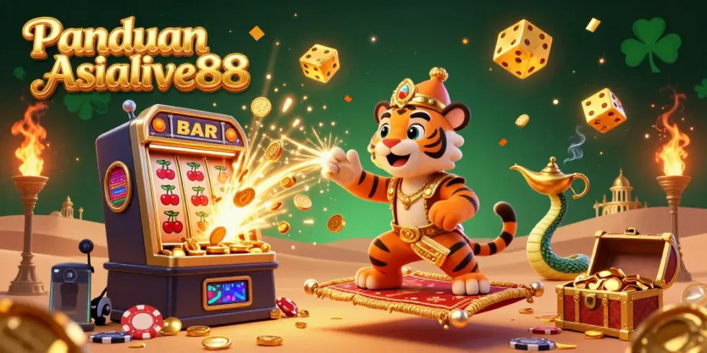 Panduan Asialive88 showcases an exciting jackpot explosion with a tiger sultan and genie in a fantasy casino scene.