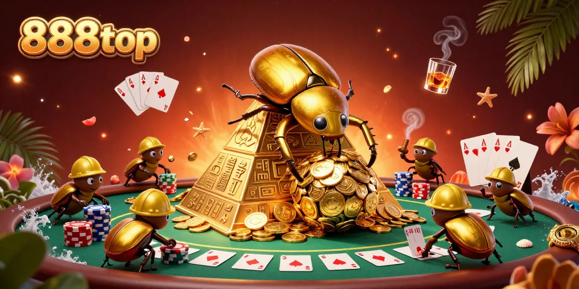 Engage with 888top's golden beetle theme, showcasing a vibrant casino experience with dynamic poker elements.