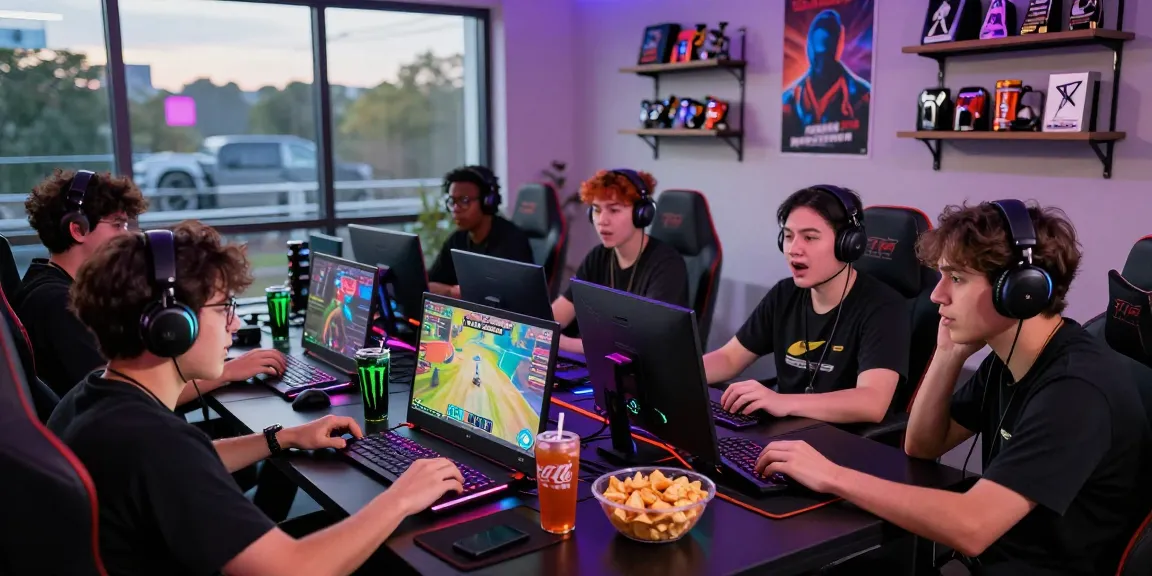 Engaged players competing in tashan win game, vibrant gaming setup with laptops, snacks, and LED lights.