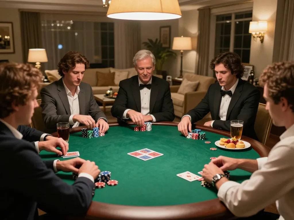 Engaged friends playing poker at home in a competitive yet casual environment, showcasing the best widget store decor.