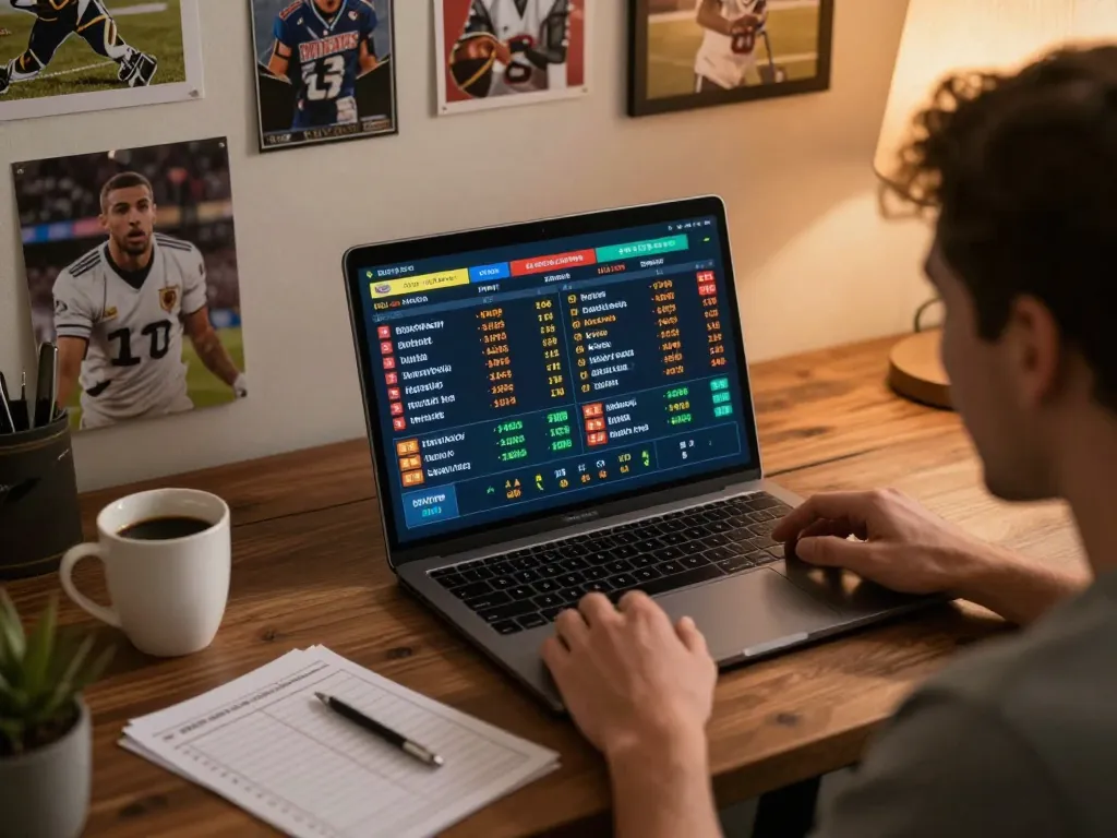 Player analyzing xo88 sports betting odds on laptop while enjoying a cozy home environment.