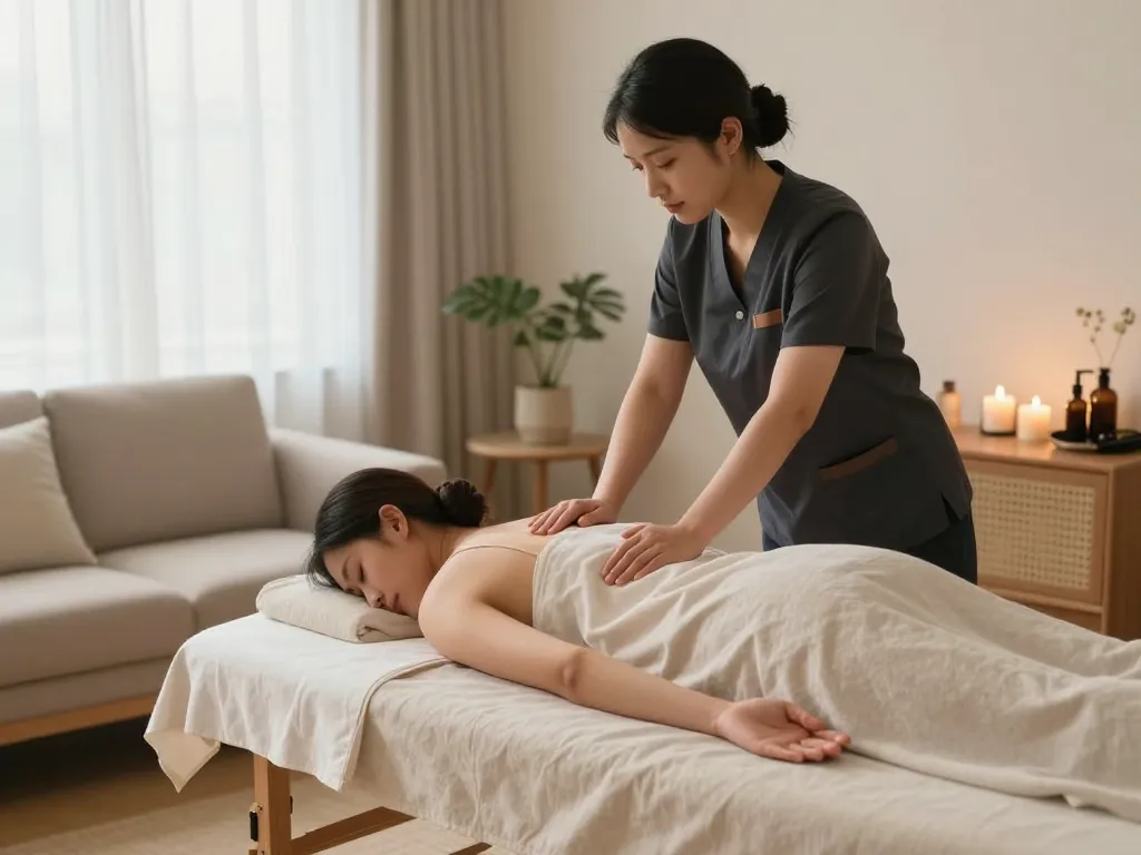 출장마사지 in a relaxing home environment with a professional therapist providing soothing massage.