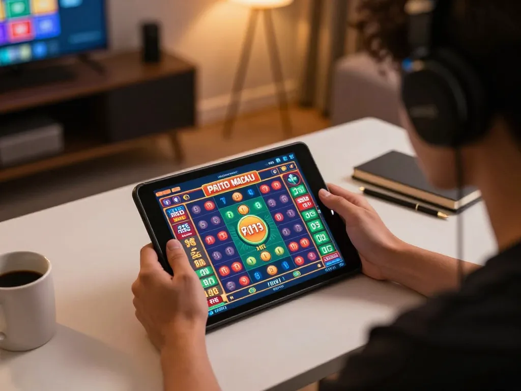 Paito macau game on tablet creates immersive online gambling experience in stylish home.