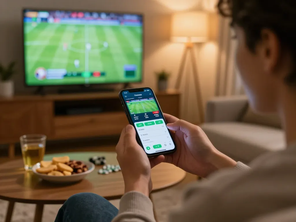 Engaging with 23win sports betting on smartphone at home while watching live game highlights.