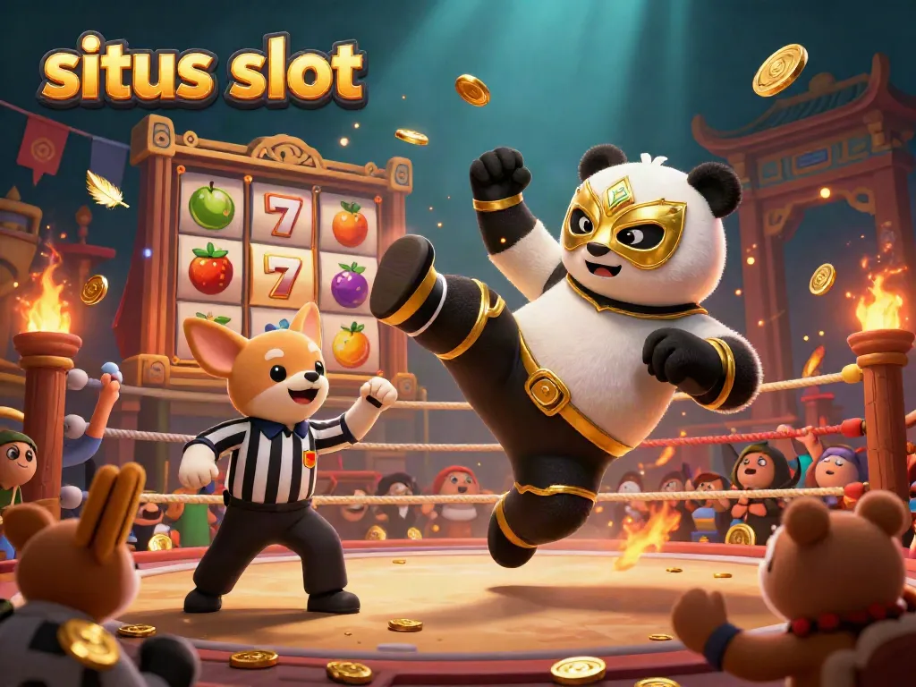 Situs slot menunjukkan panda pegulat beraksi di arena sambil dikelilingi simbol slot dan penonton hewan kecil