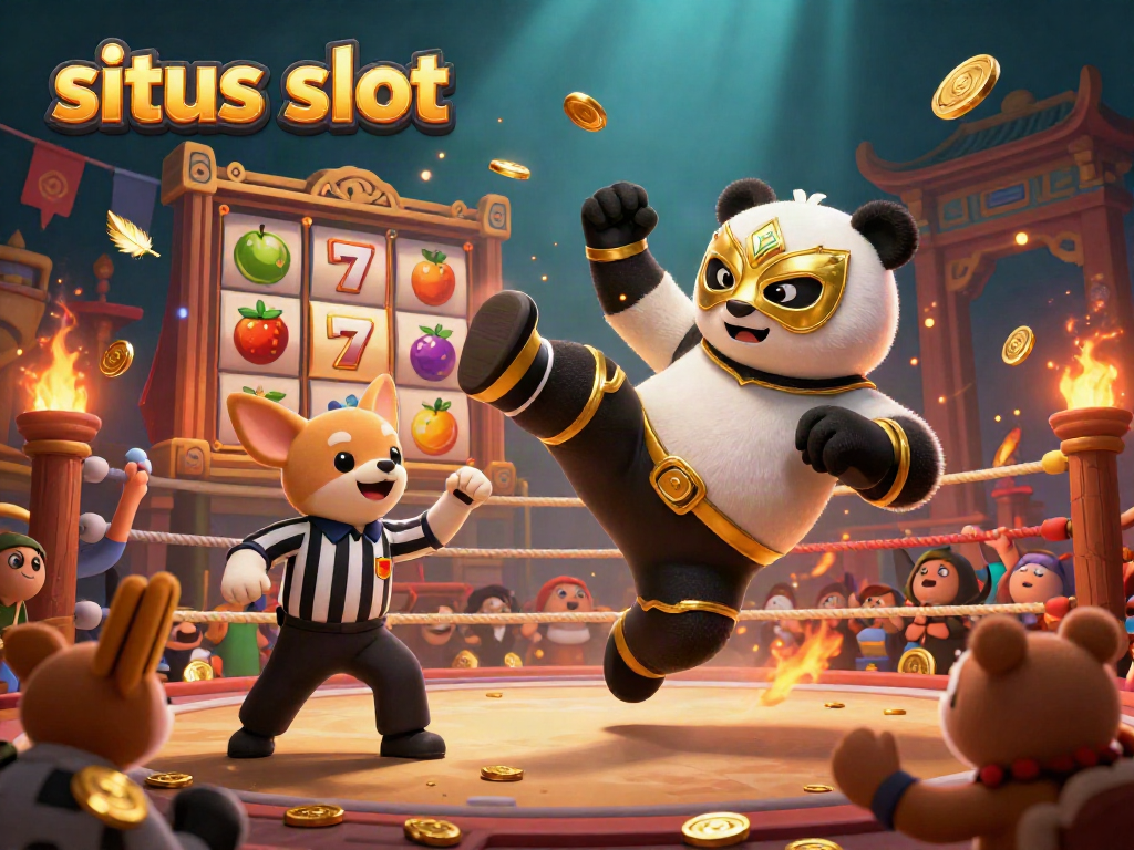 Situs slot menunjukkan panda pegulat beraksi di arena sambil dikelilingi simbol slot dan penonton hewan kecil