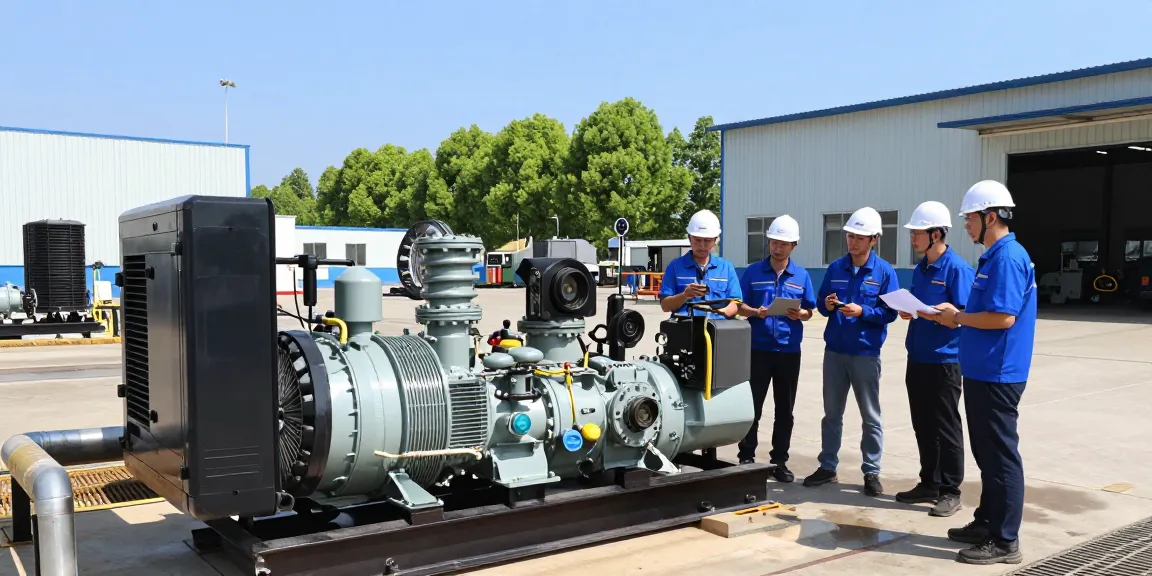 Diesel generators powering industrial operations with engineers inspecting machinery, ensuring efficiency and reliability.