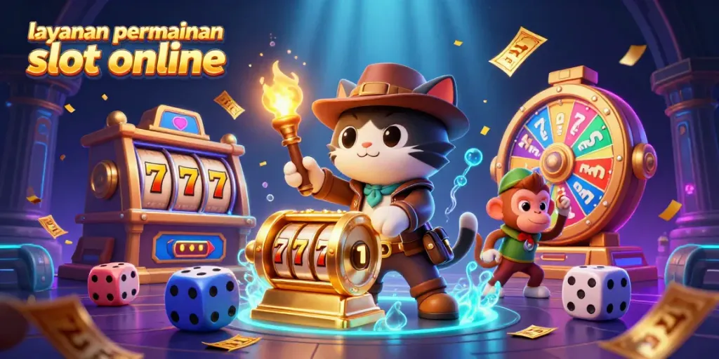 Ilustrasi layanan permainan slot online menampilkan karakter kucing penjelajah di antara mesin slot emas dan efek uang hujan.