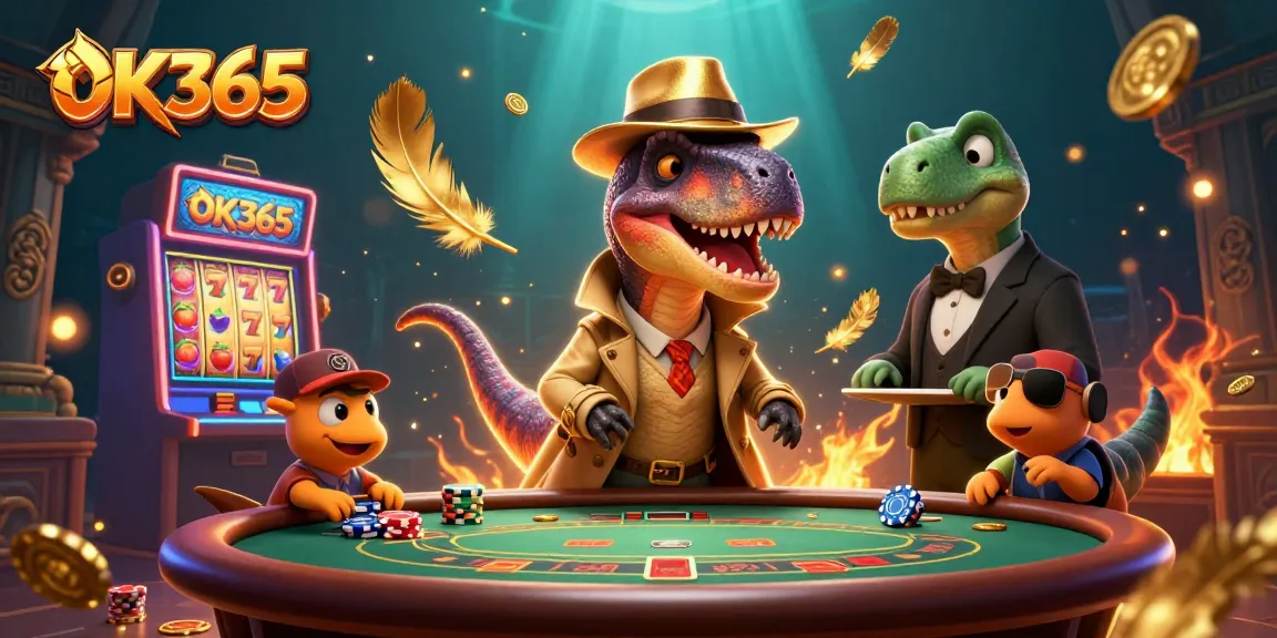 Experience dynamic gameplay with OK365, featuring a playful velociraptor card counter and vibrant slot elements.