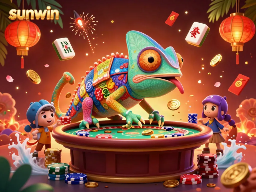 Engage with sunwin's vibrant casino experience, featuring a chameleon casino owner collecting coins around lively game elements.