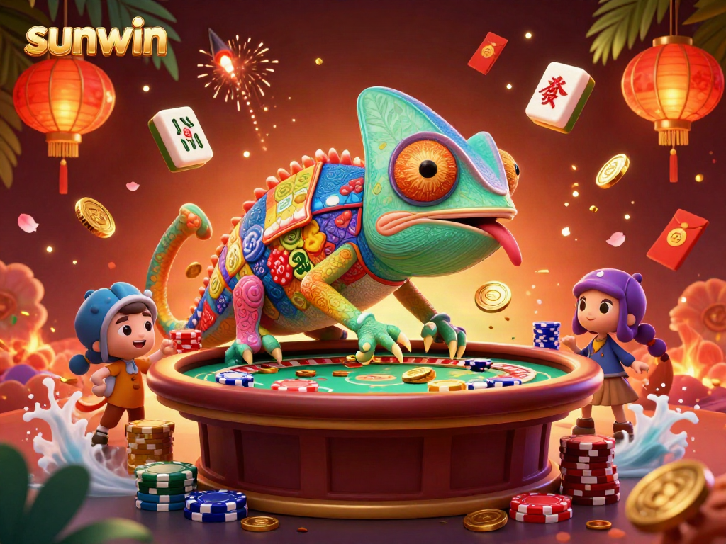 Engage with sunwin's vibrant casino experience, featuring a chameleon casino owner collecting coins around lively game elements.