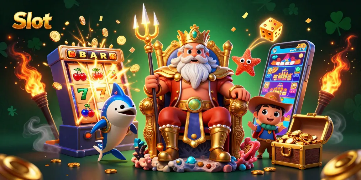 Spin the Slot with joy as Neptune and friends unleash jackpots in an exciting casino scene.