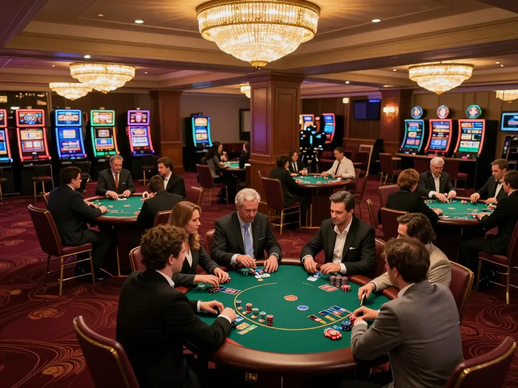 Players enjoying a fast-paced game of poker at iWin's luxurious casino tables, lively atmosphere