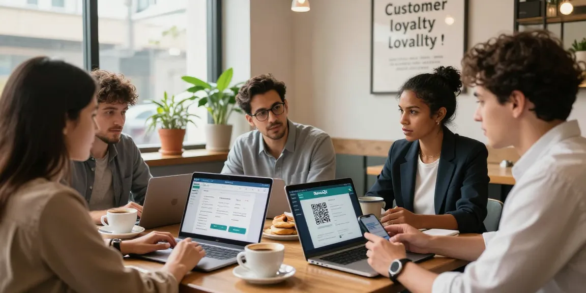 Team discussing loyalty software solutions at a café, showcasing QR-based strategies for small businesses.