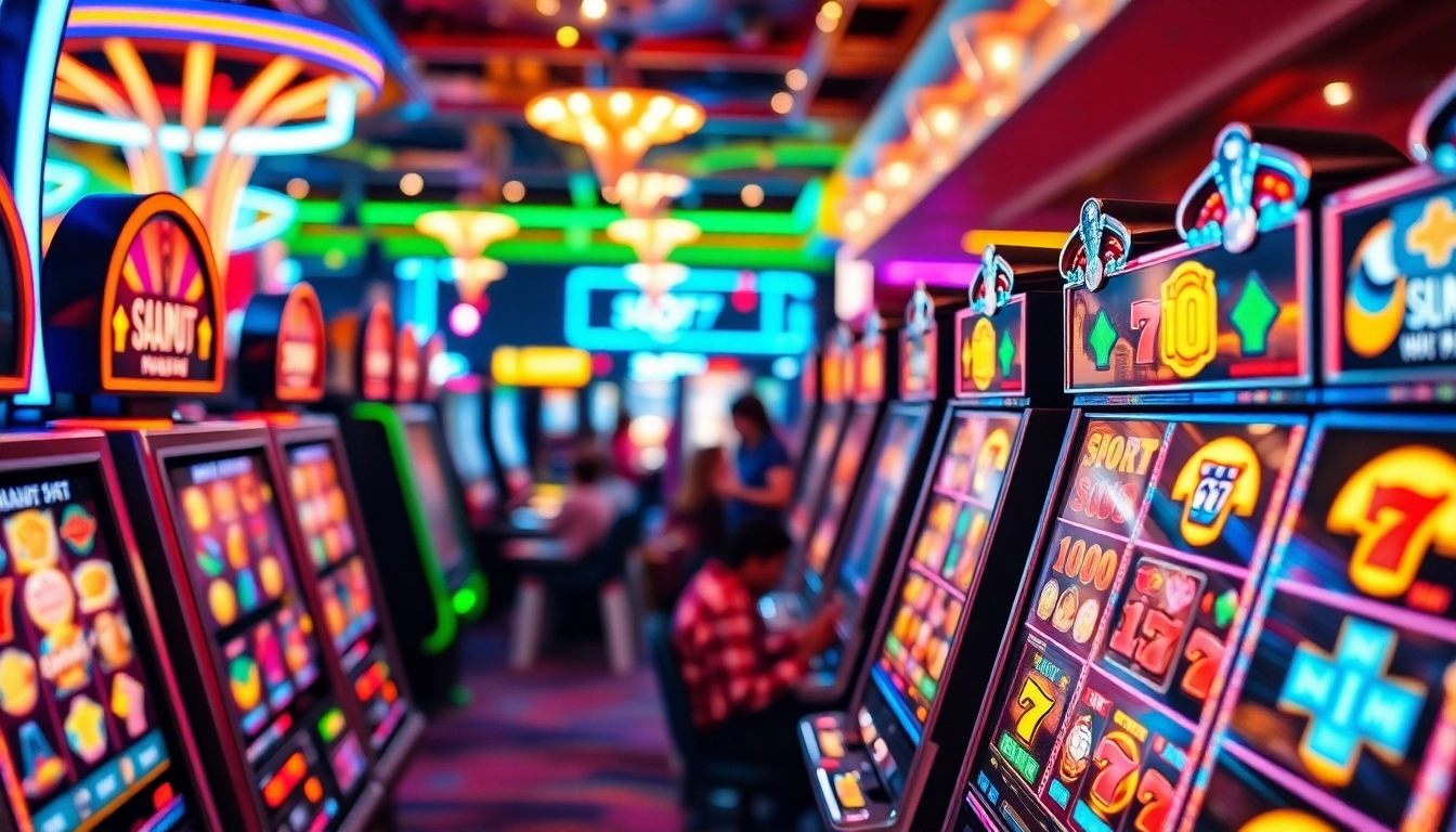 Slot77 mesin permainan yang menarik dalam suasana kasino yang sibuk dan ceria.