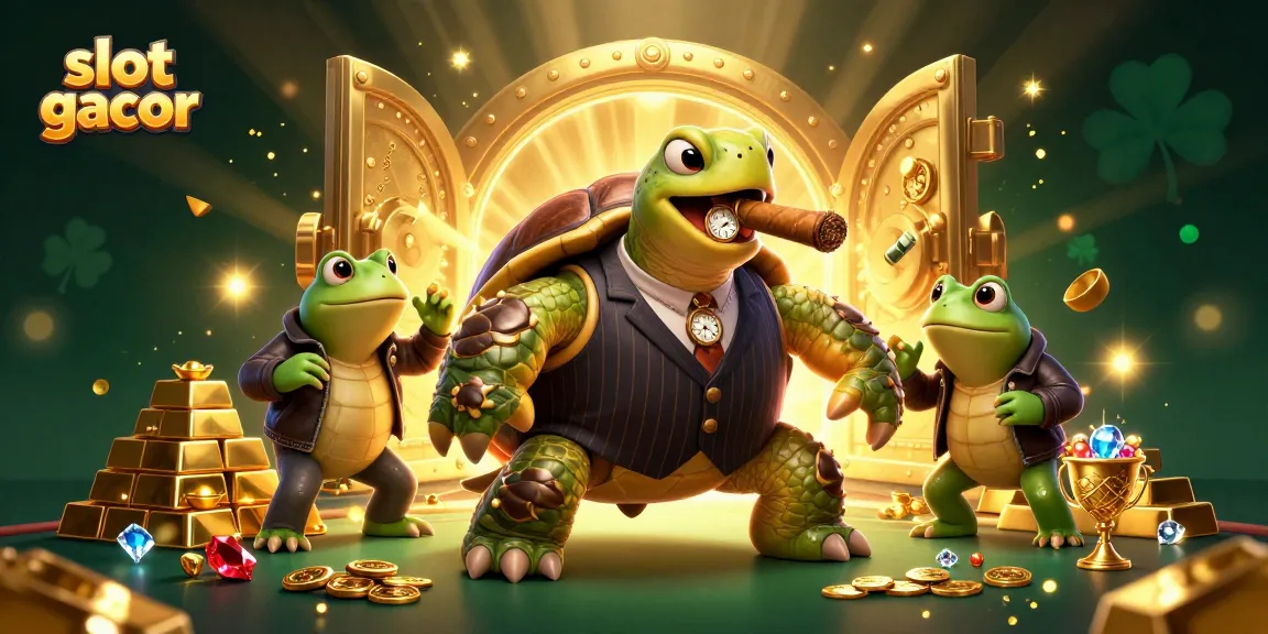 Experience slot gacor excitement with a massive snapping turtle and bullfrog enforcers in a vibrant casino scene.