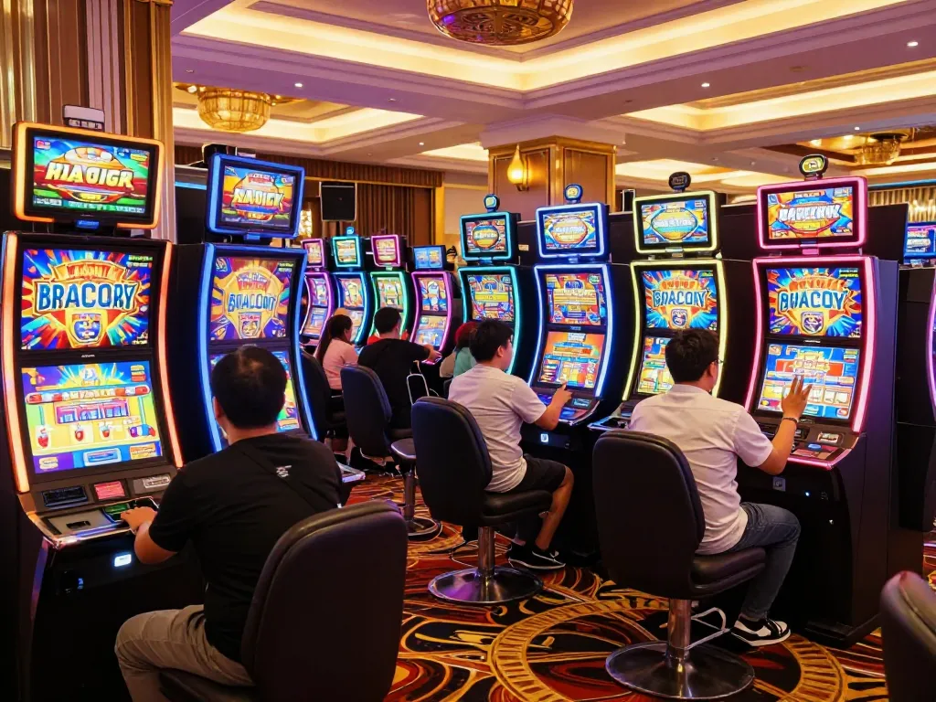 Players enjoying vibrant slot gacor machines in a bustling casino, showcasing excitement and winning moments.