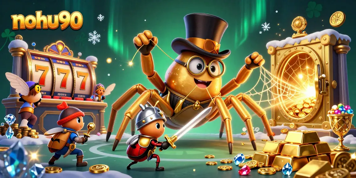 Nohu90 showcases an engaging casino scene with a golden tarantula and a beetle knight in action.
