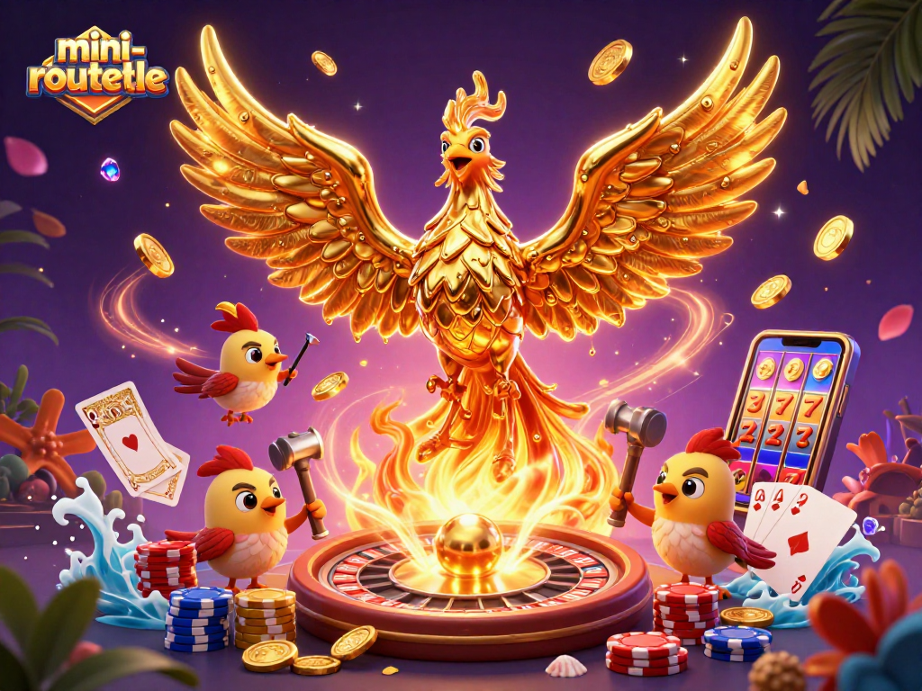 Experience the thrilling mini-roulette game with a vibrant 3D phoenix and swirling casino elements.