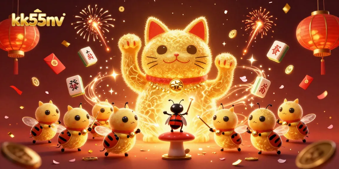 Engage with the vibrant kk55nv casino experience illustrated by golden fireflies shaping a lucky cat.