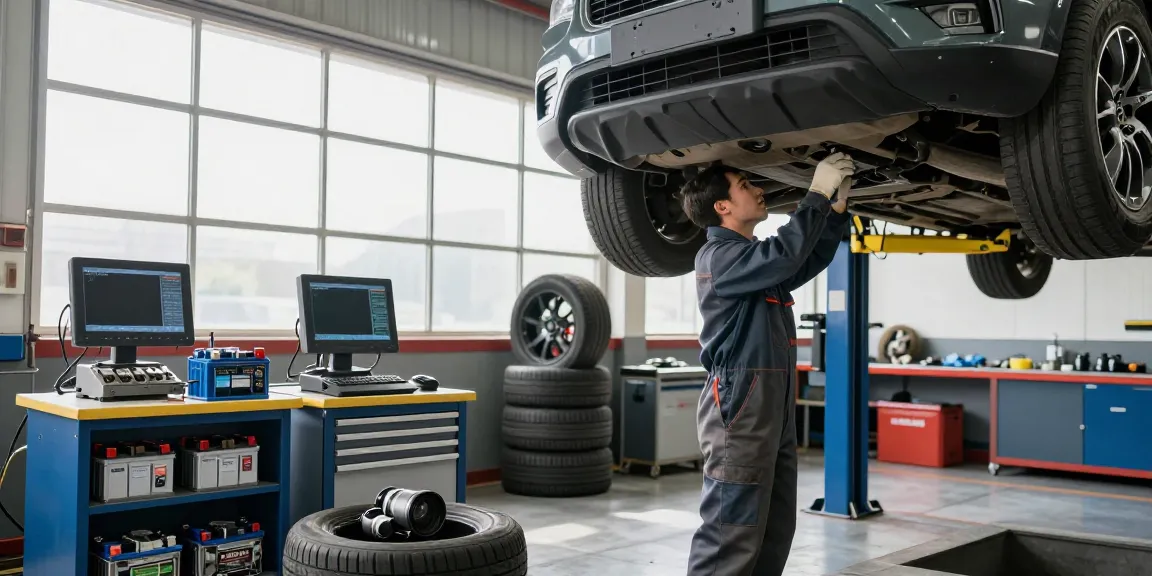 Reliable auto repair near me service with a mechanic under a vehicle at a bright automotive workshop.