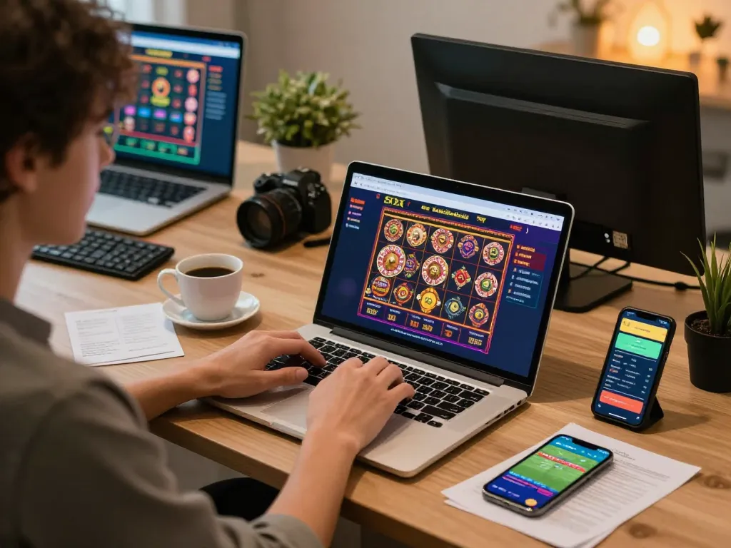 Person engaging with 8xx online casino interface, immersed in responsible gaming experience