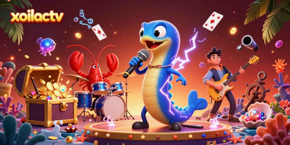 Experience the lively underwater casino scene with xoilactv featuring an electric eel DJ and vibrant game elements.