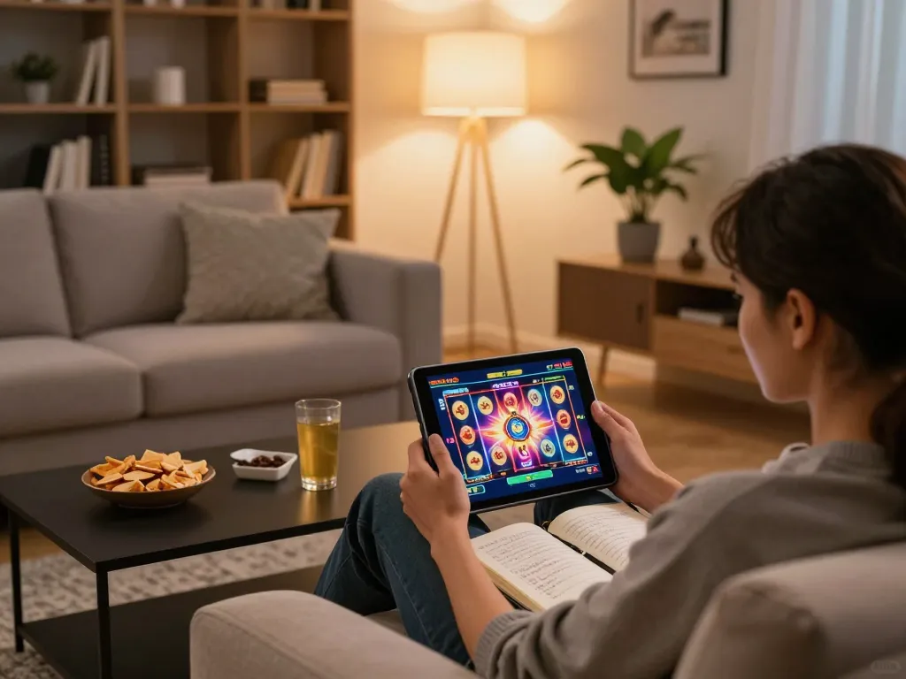 Person enjoying online slot gaming on a tablet, showcasing jus77 and strategic notes