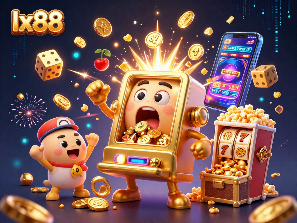 Experience the thrilling jackpot action at lx88 with a cartoon golden slot machine celebrating its win.
