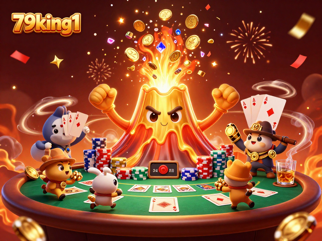 Play with 79king1 at a vibrant casino scene featuring a triumphant volcano and treasure-filled explorers.