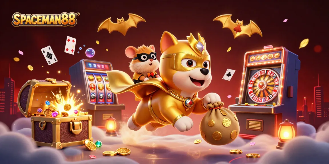 Experience the thrilling world of SPACEMAN88 with a superhero dog and fun casino elements depicting excitement in gameplay.