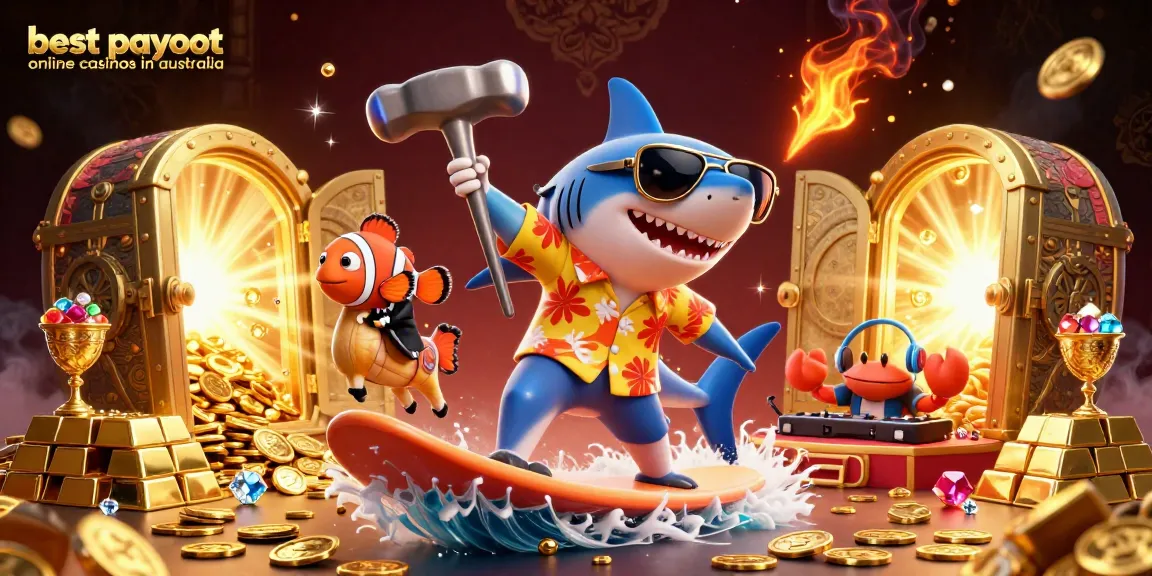 Experience the best payout online casinos in australia with our vibrant 3D scene featuring a surfing shark and rich gold visuals.