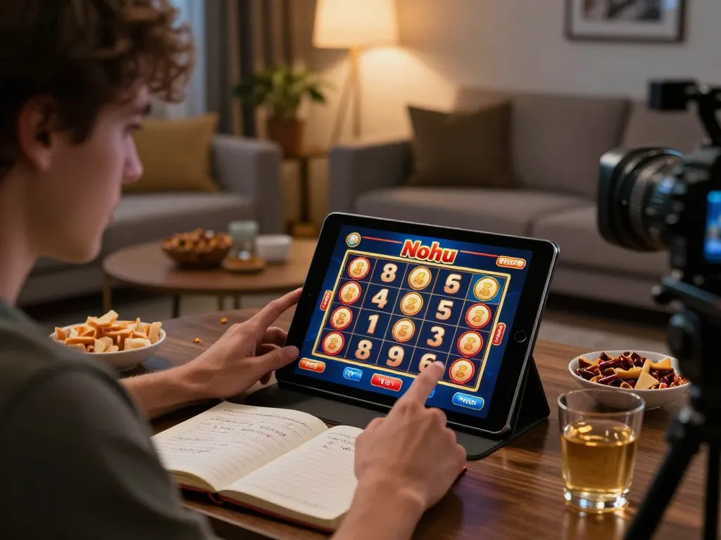 Player enjoying Nohu jackpot slot game on tablet, surrounded by snacks and strategy notes in cozy living room