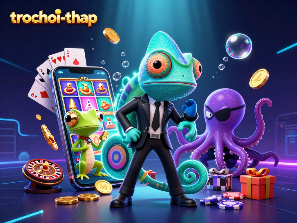 Play the trochoi-thap game featuring thrilling chameleon, gecko, and octopus characters amidst a colorful casino theme.