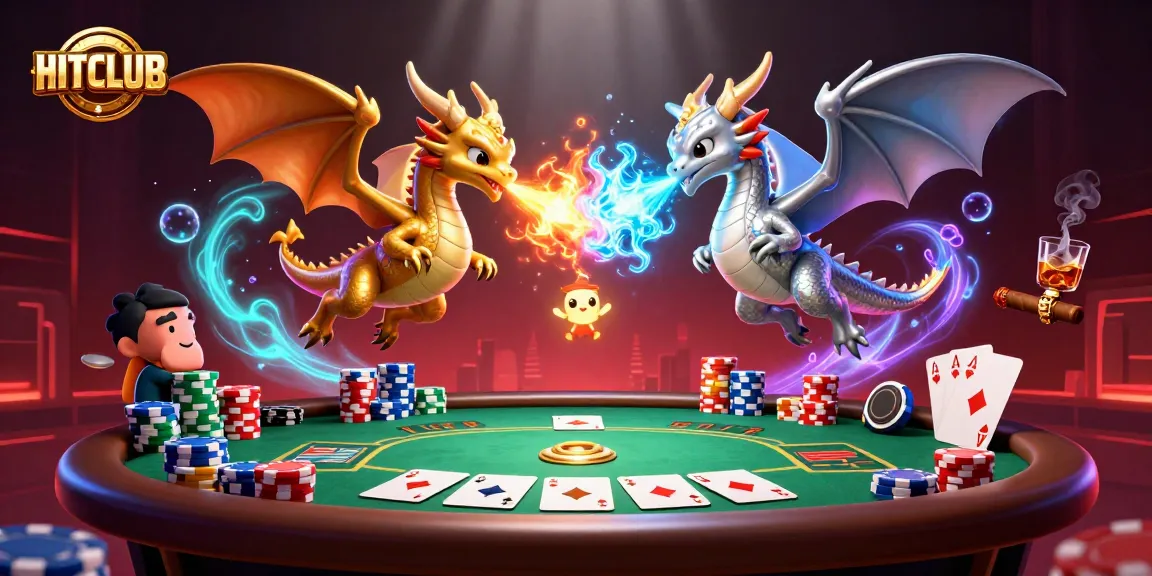 Engage in epic battles at HITCLUB with twin dragons, poker chips, and a vibrant casino atmosphere.