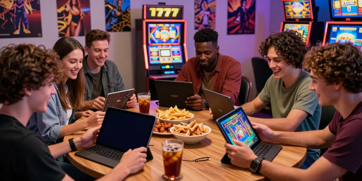 Permainan slot777 secara online dengan teman-teman, suasana gembira yang penuh energi pada malam hari.